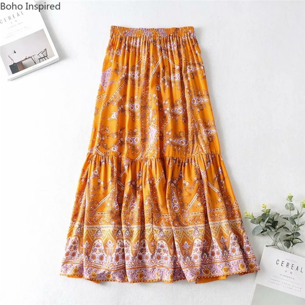 Boho Gypsy Floral Print Maxi Skirt mustard ruffle - Picture 4 of 5